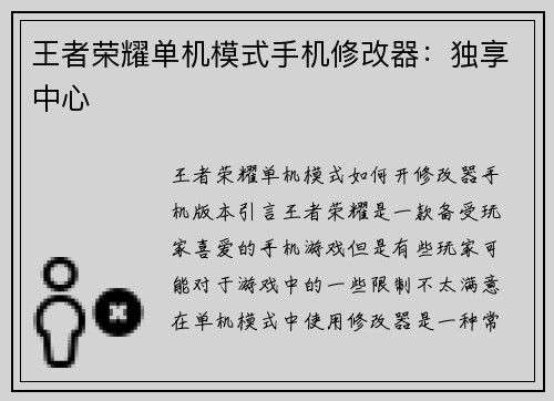 王者荣耀单机模式手机修改器：独享中心